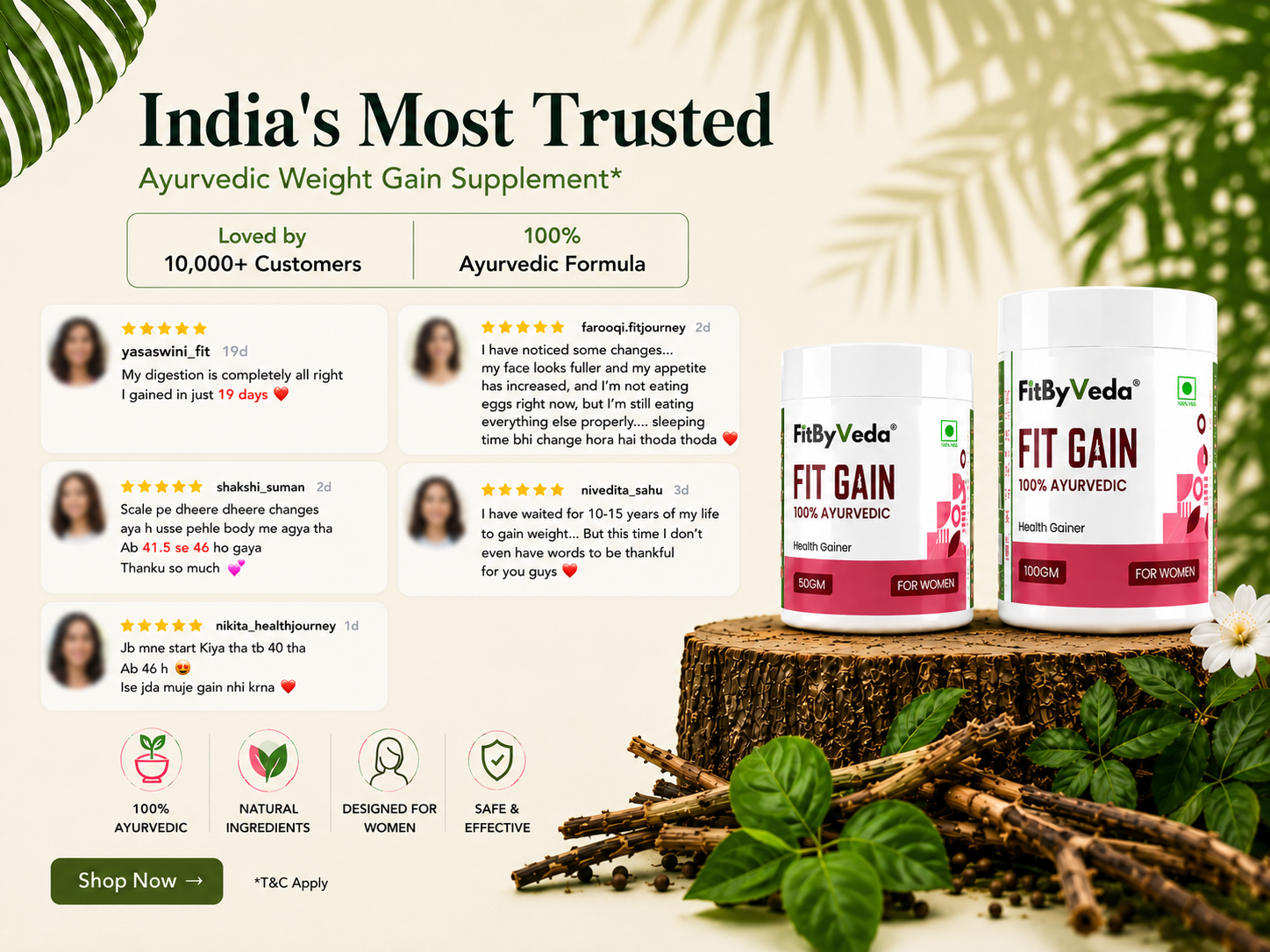 FitGain Ayurvedic Weight Gainer for Women | Vidarikand, Shatavari & Safed Musli | Healthy Weight Gain, Curves, Strength & Stamina | 100g