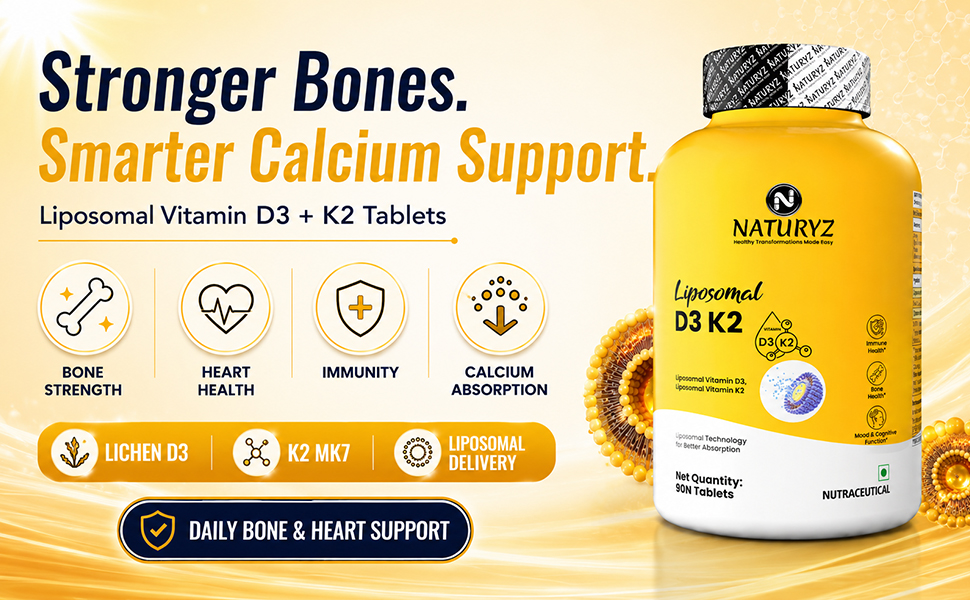 NATURYZ Liposomal Vitamin D3 K2 Supports Stronger Bones, Muscles, Immunity & Calcium Absorption | Advanced Liposomal Technology for Enhanced Nutrient Delivery | Plant based Lichen Vitamin D3 | Daily Wellness Supplement for Men & Women | 90 Veg Tablets