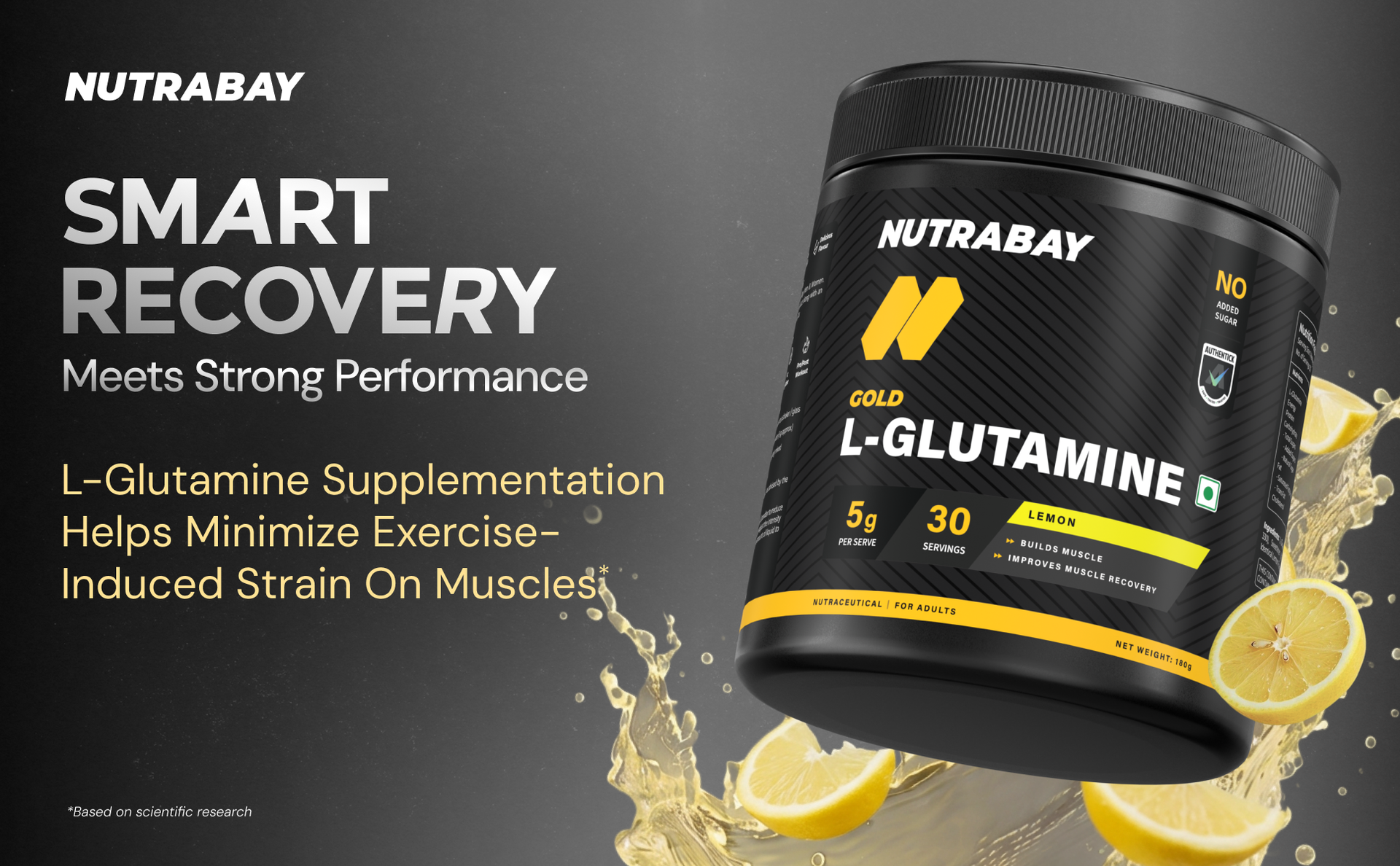 Nutrabay Gold L-Glutamine Supplement Powder 180g, Lemon Flavor – Post Workout Amino Acid for Muscle Growth & Recovery | 100% Authentic Supplement | No Banned Substances | Tested for Purity