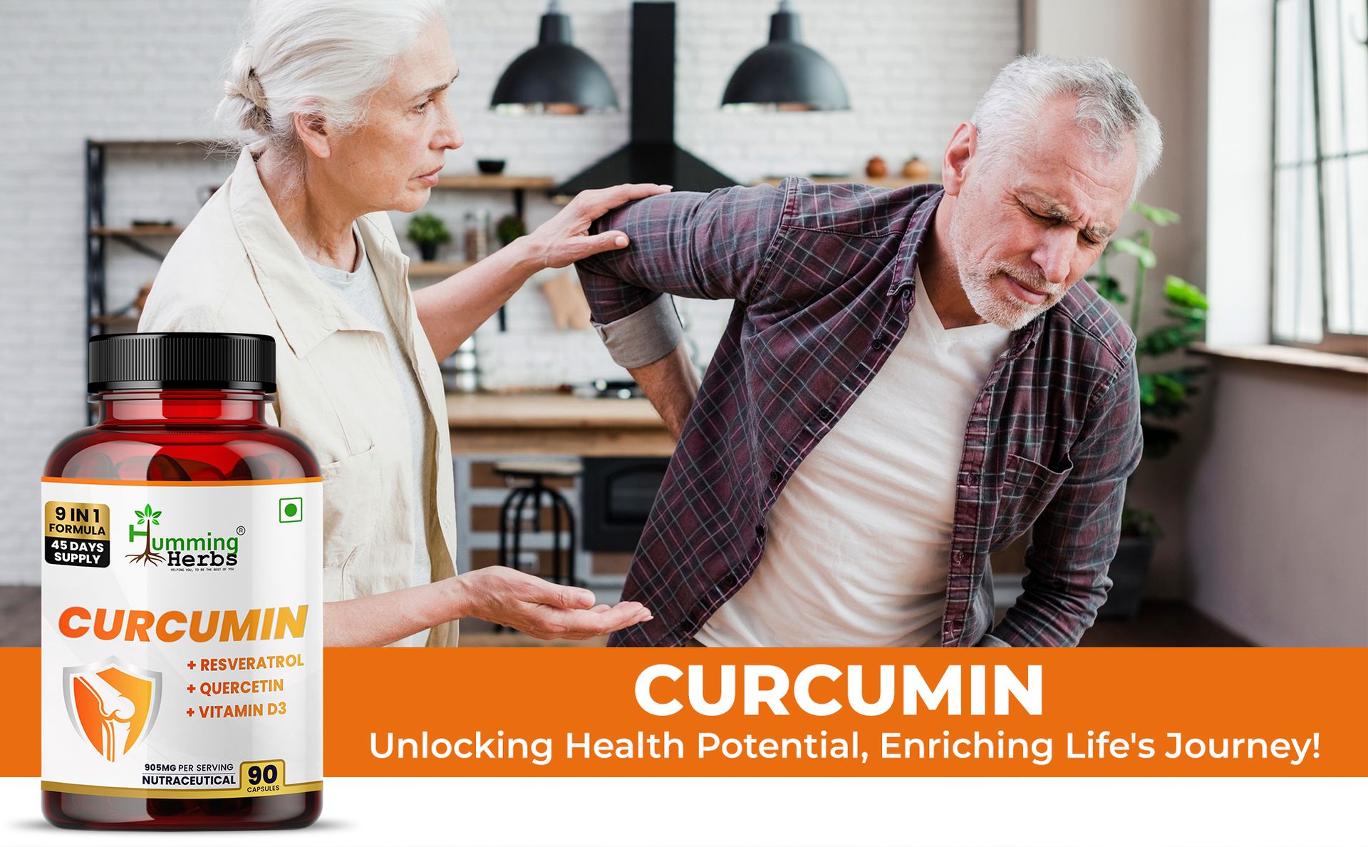 Humming Herbs Curcumin 905mg with Resveratrol, Quercetin, Vitamin D3, Zinc, Alpha Lipoic Acid & Piperine | 9-in-1 Herbal & Nutrient Blend | 90 Veg Capsules | 45 Days Supply