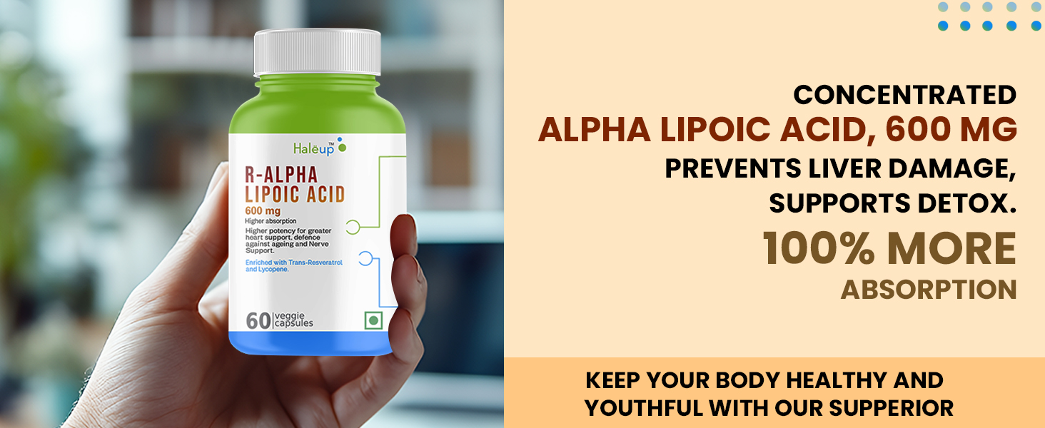 Haleup Alpha Lipoic Acid, 600 mg II Enriched with Lycopene & Resveratrol || Healthy Liver || Heart || Blood Sugar & Potent Antioxidant, (1 Pack X 60s Count)