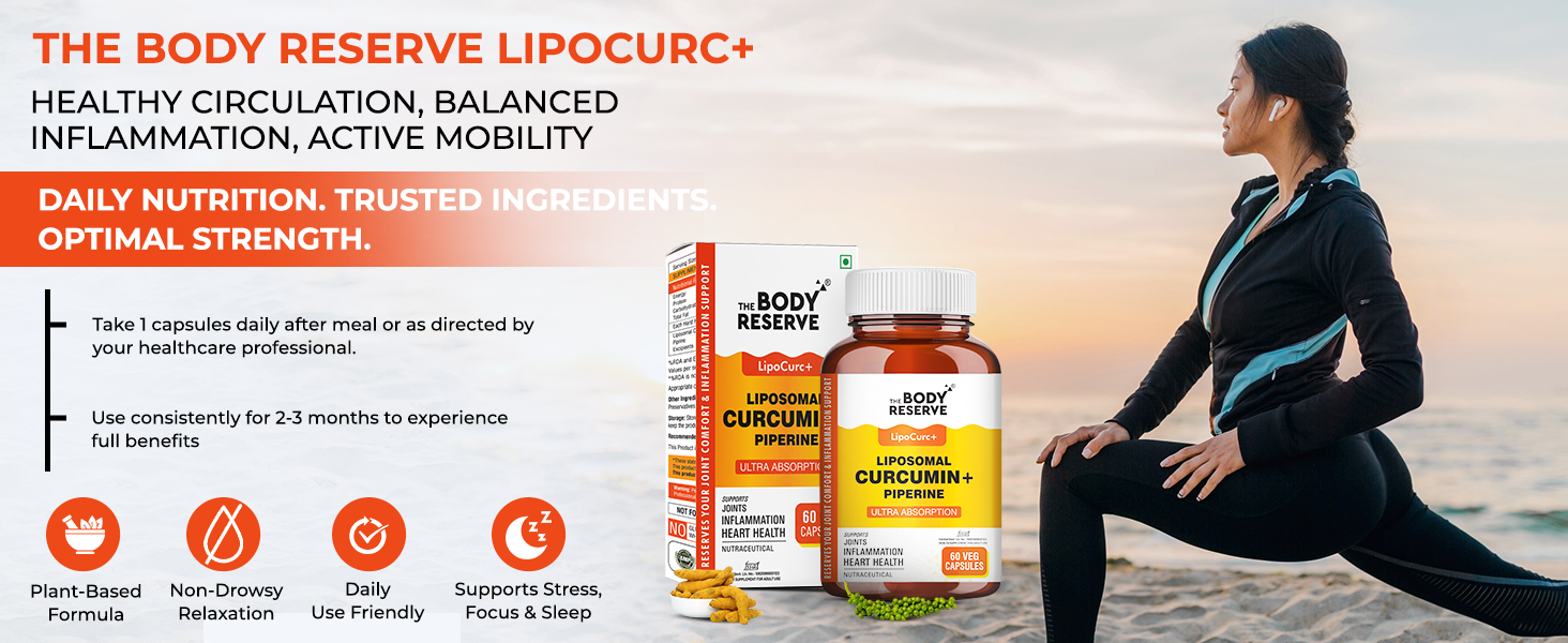 The Body Reserve Liposomal Curcumin Capsules, 500mg with Piperine, Anti-Inflammatory Supplement for Adults Pure Turmeric Extract for High Absorption Joint & Heart Health Support – 60 Caps