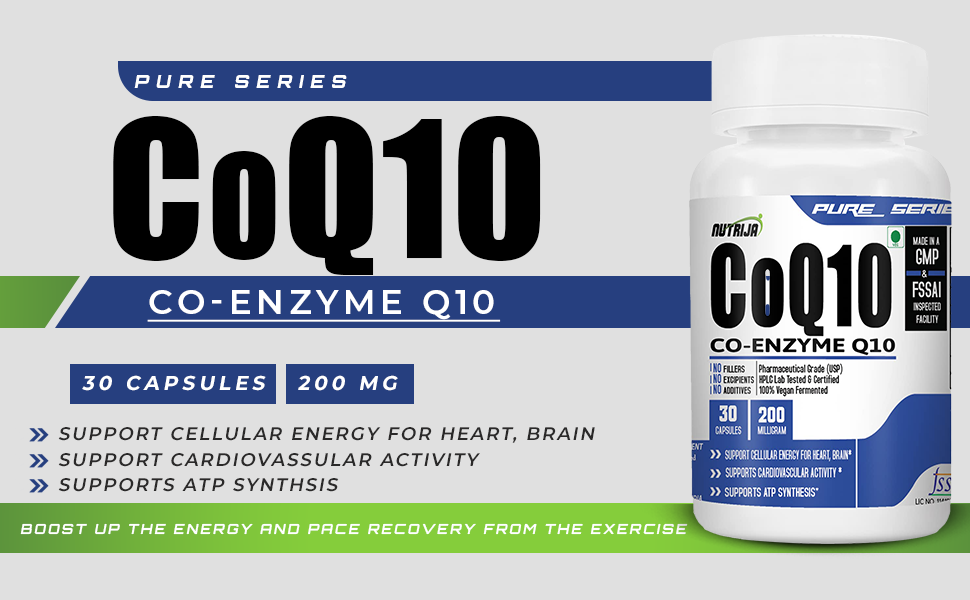 NutriJa CoQ10 (Co-Enzyme Q10) 200mg - 60 Veg Capsules | With Bioperine for Enhanced Absorption | Heart & Brain Health Support | Pure Co-Enzyme Q10