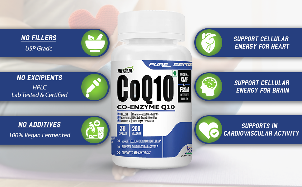 NutriJa CoQ10 (Co-Enzyme Q10) 200mg - 60 Veg Capsules | With Bioperine for Enhanced Absorption | Heart & Brain Health Support | Pure Co-Enzyme Q10