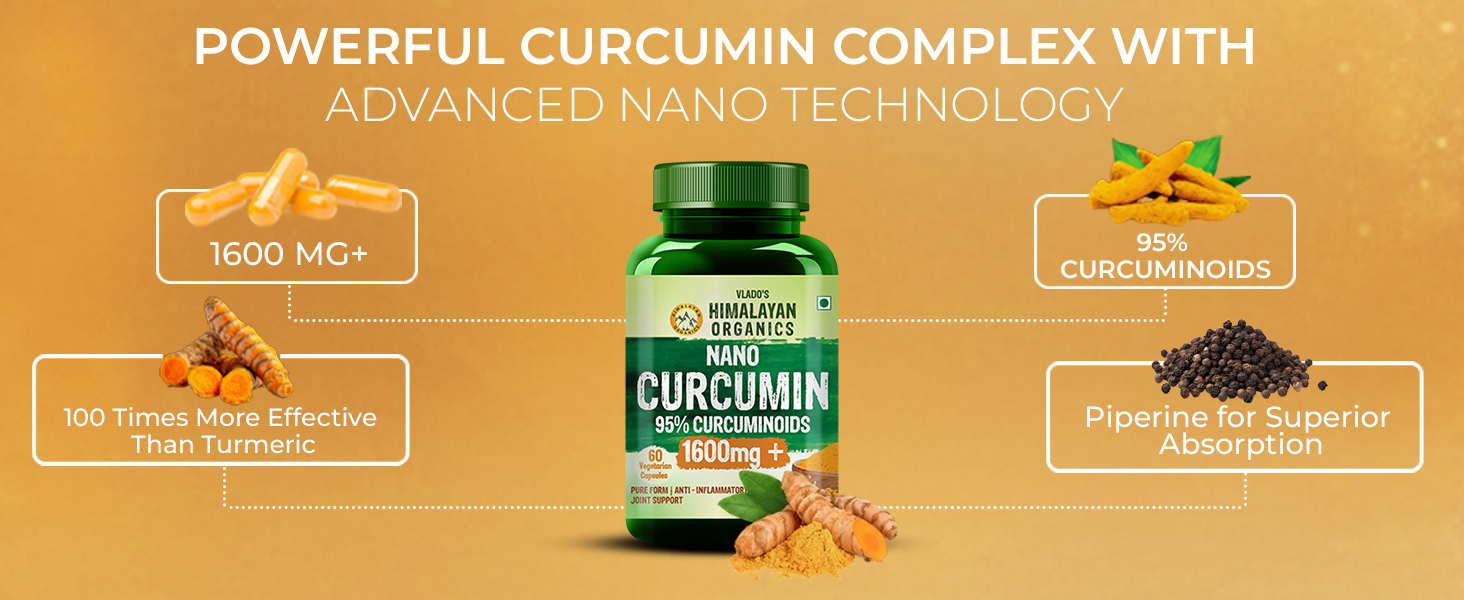 Vlado's Himalayan Organics Curcumin 1600mg+ | Extra-Pure Nano Curcumin Capsules with 95% Curcuminoids | Turmeric & Piperine | Joint Support Supplement for Men & Women - 60 Capsules