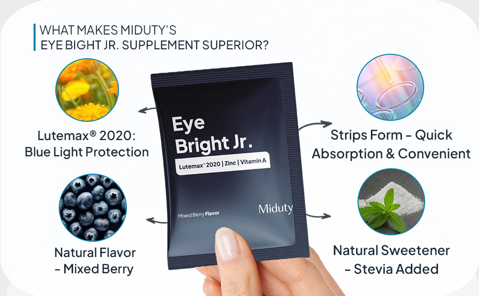 Miduty EyeBright Jr. Junior Strips for Kids- Lutemax 2020, Vitamin A, Zinc & Lycopene - Supports Blue Light Protection - Helps Eye Fatigue & Dryness - Natural Mixed Berry Flavour - 30 Strips