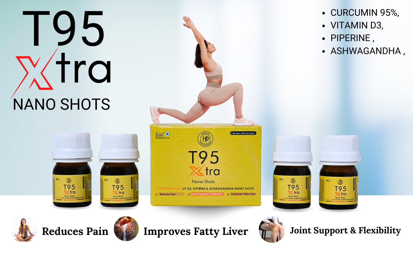 T95 XTRA Nano Shots Curcumin 95%, Vitamin D, Piperine 95% and Ashwagandha Nano Shots, Orange Flavour, 4 Bottles of 5ml | Anti inflammatory Supplement for Adults | Good For Skin & Joint pains