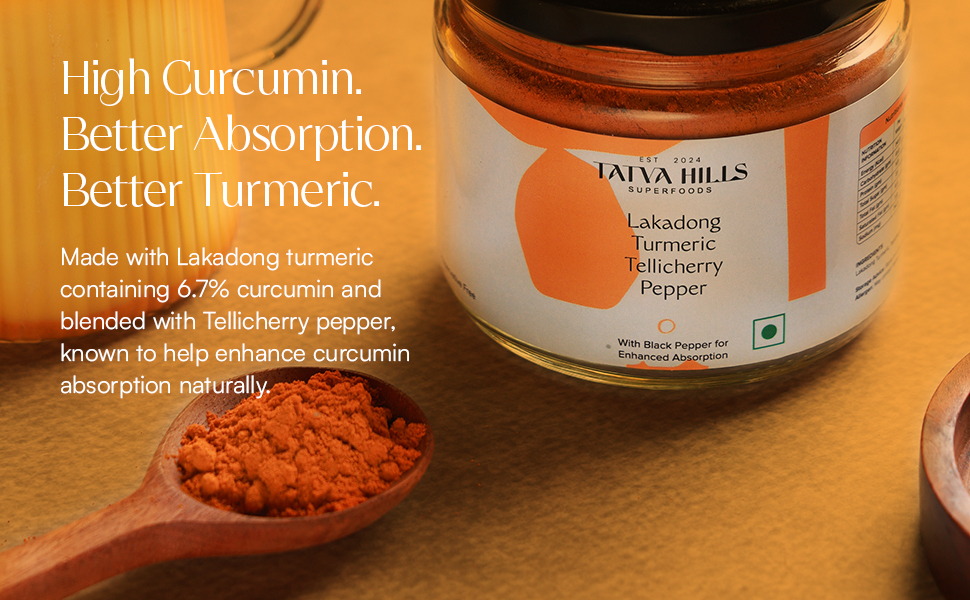 TatvaHills Superfoods Lakadong Turmeric Powder with Tellicherry Black Pepper | High Curcumin Upto 7% | High Absorption Haldi for Immunity, Joint Support & Digestion | No Preservatives | 150g