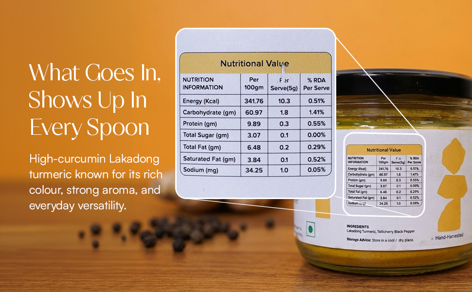 TatvaHills Superfoods Lakadong Turmeric Powder with Tellicherry Black Pepper | High Curcumin Upto 7% | High Absorption Haldi for Immunity, Joint Support & Digestion | No Preservatives | 150g