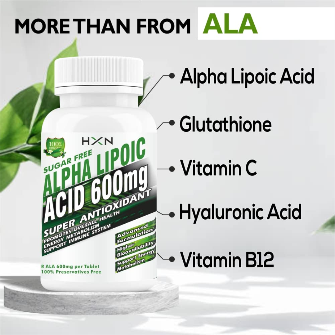 HXN Alpha Lipoic Acid 600mg, ALA Supplement With Vitamin B12, L-Glutathione, Hyaluronic Acid, Vit C, Antioxidant Supplements For Neuropathy, Good Health & Liver Detox-60 Tablet (Sugar-Free Pack1)