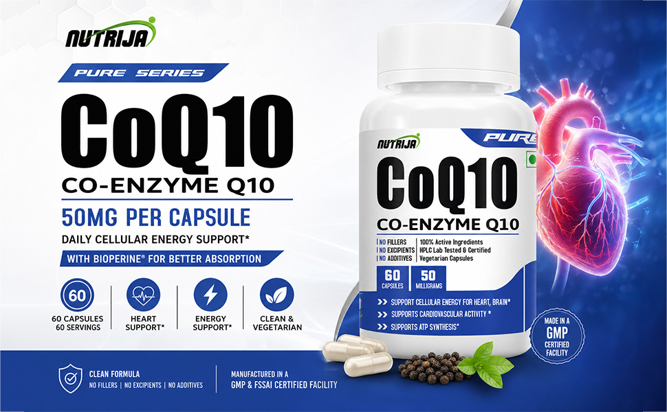 NutriJa CoQ10 (Co-Enzyme Q10) 50mg - 60 Veg Capsules | With Bioperine for Enhanced Absorption | Heart & Brain Health Support | Pure Co-Enzyme Q10