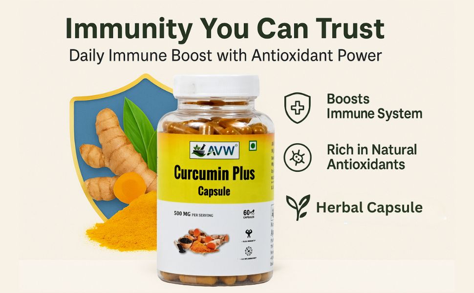 AVW Curcumin Plus 500mg Capsules | Anti inflammatory Supplement for Adults | With Turmeric & Black Pepper with Enhanced Bioavailability for Joint & Immune Support 60 Capsules