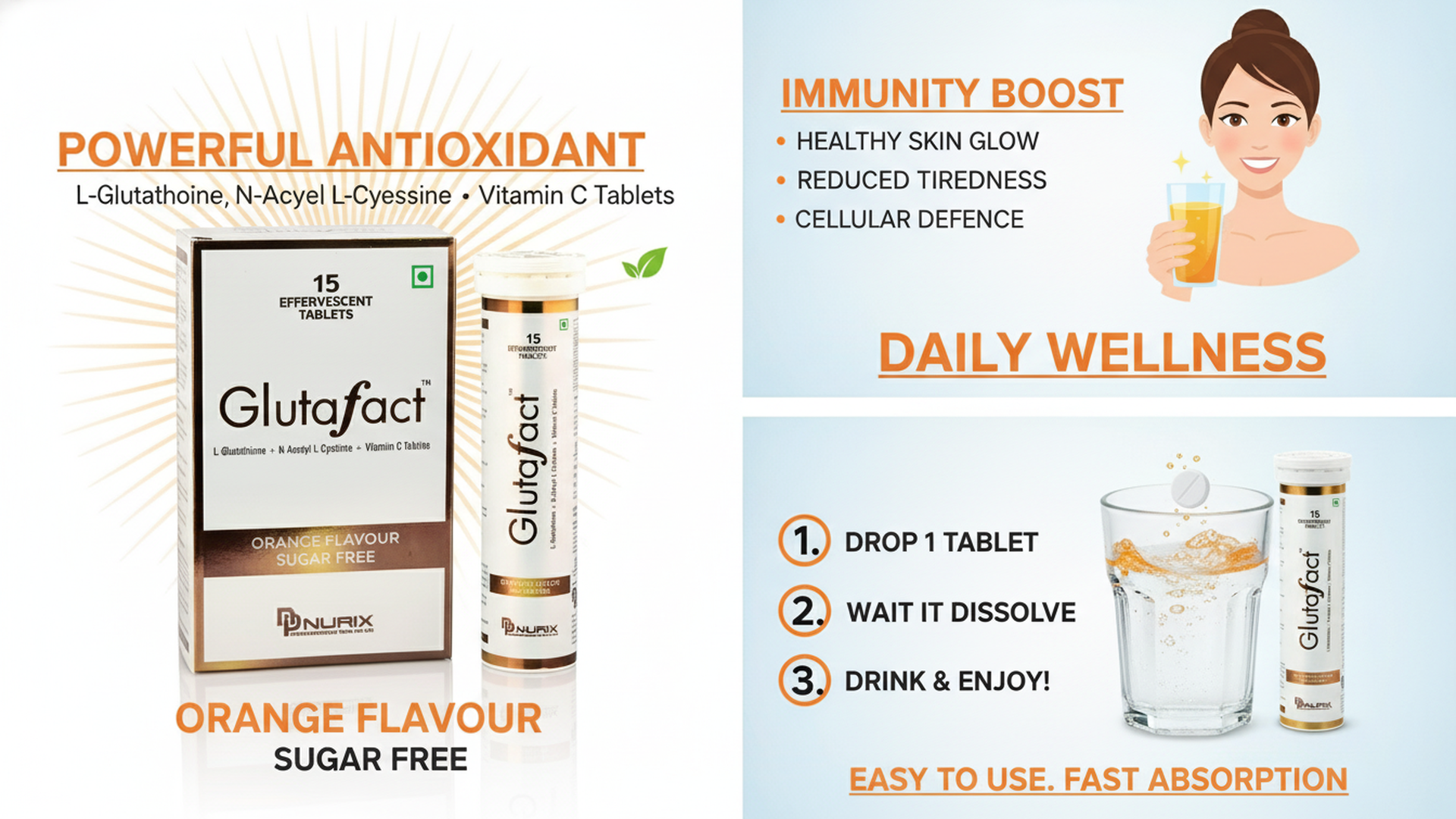 Nurix Pharmaceuticals Glutafact Effervescent Tablet, L-Glutathione, N-Acetyl L-Cysteine and Vitamin C, Orange Flavour, No Added Sugar, Antioxidant Support, 15 Tablets