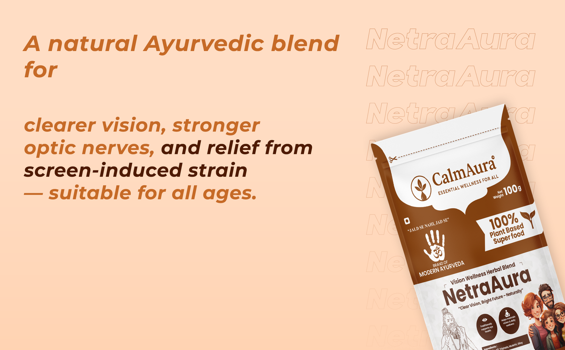 CalmAura NetraAura Ayurvedic Vision Wellness Powder 100g | Herbal Eye Care for Screen Fatigue Relief & Eye Strength with Jivanti Triphala Mulethi Giloy | Vegan