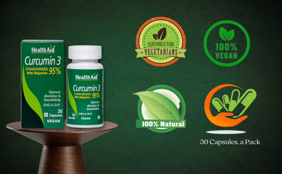 HealthAid Curcumin with Bioperine – 30 Veg Capsules | With 95% Curcuminoids for Enhanced Absorption | Supports Skin, Joint & Immune Health | Antioxidant Supplement for Men & Women