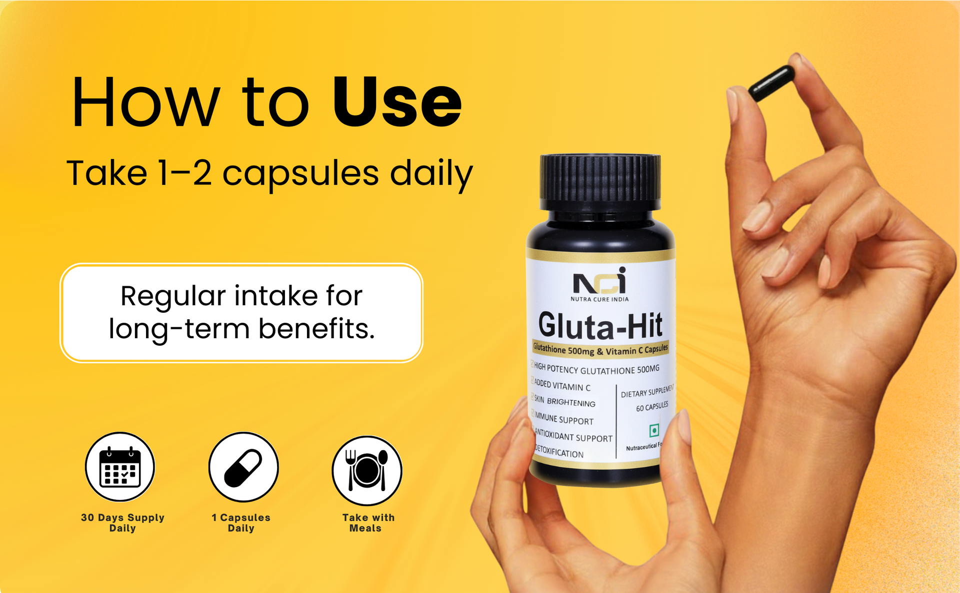 NCI Gluta-Hit Glutathione 500mg with Vitamin C Capsules, Skin Brightening, Immune Support, Antioxidant, Detoxification, 60 Capsules