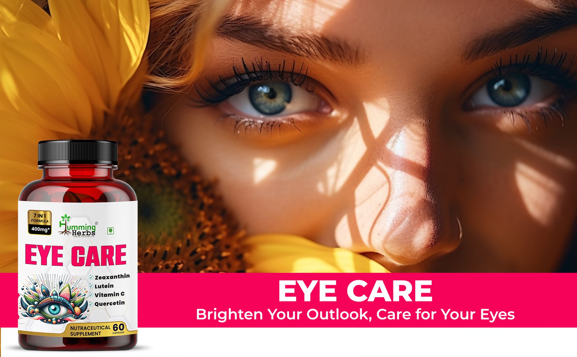 Humming Herbs Eye Care 7-in-1 - Lutein & Zeaxanthin with Bilberry, Spinach, Rosemary, Quercetin & Berry Blend - 400mg - One Capsule a Day - Vegetarian - 60 Capsules (60 Days)