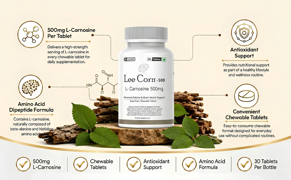 500 by LeeWell chewable L Carnosine 500mg Antioxidant, ADHD, ADD Care, Cognitive Function, Muscle care, Brain & Gut Health Support Supplement -30 tablets Sugar Free