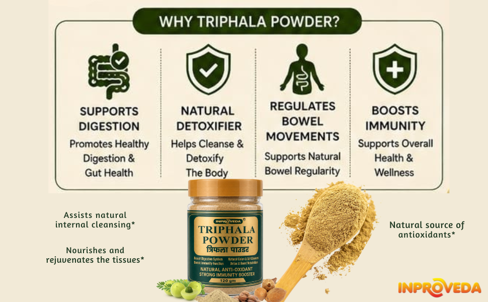 Inproveda Triphala Powder 120gm | Traditional Ayurvedic Churna for Digestion, Detox, Constipation & Colon Cleanse | Pure Amalaki, Bibhitaki & Haritaki | Natural Gut Health Supplement | No Preservatives, Colors or Flavors | Boost Immunity, Anti-Oxidant Triphala Powder - 120gm