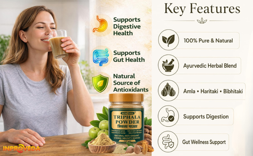 Inproveda Triphala Powder 120gm | Traditional Ayurvedic Churna for Digestion, Detox, Constipation & Colon Cleanse | Pure Amalaki, Bibhitaki & Haritaki | Natural Gut Health Supplement | No Preservatives, Colors or Flavors | Boost Immunity, Anti-Oxidant Triphala Powder - 120gm