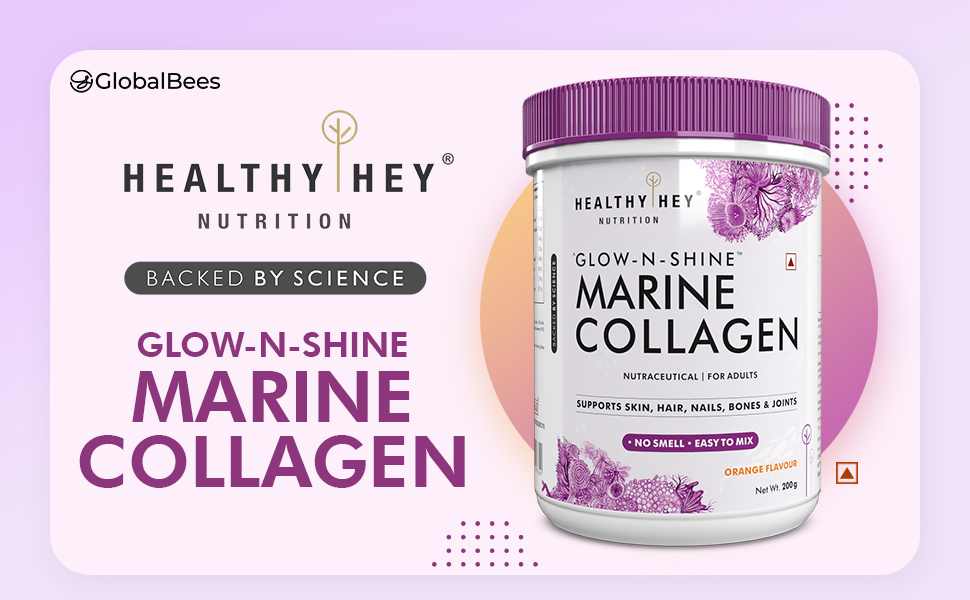 HealthyHey Glow-N-Shine Marine Collagen Peptides |Type 1 Collagen Protein Supplement with Hyaluronic Acid | Amino Acids for Skin, Hair, Nails | Paleo Friendly, Non-GMO (Orange Flavour, 200g)