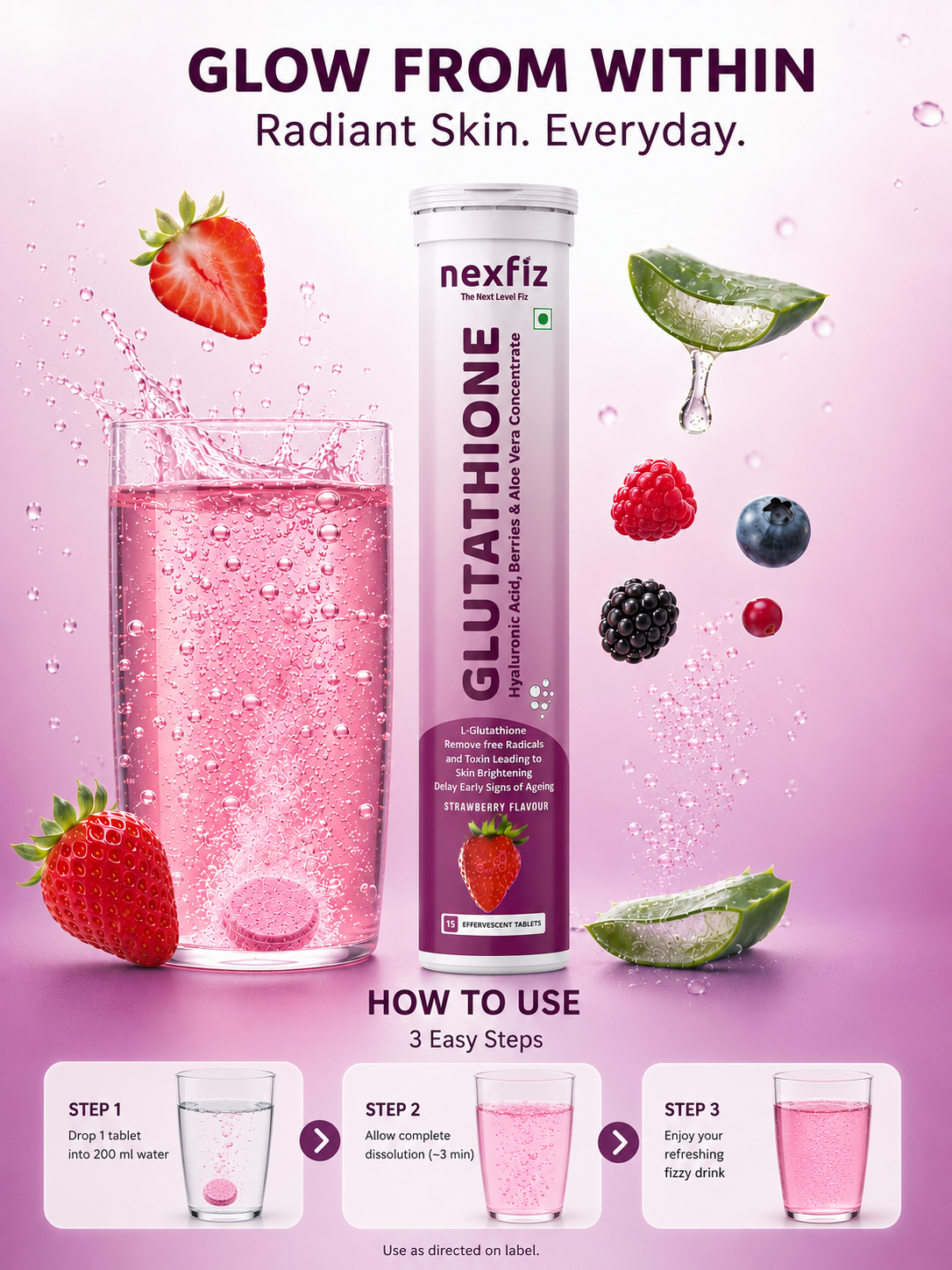 Glutathione Effervescent Tablets-500mg| Skin Brightening, Anti-Aging & Deep Hydration | With Vitamin E, Hyaluronic Acid & Aloe Vera Concentrate | No Sugar | No Maltodextrin | Strawberry | Pack of 1 (15 Tablets)