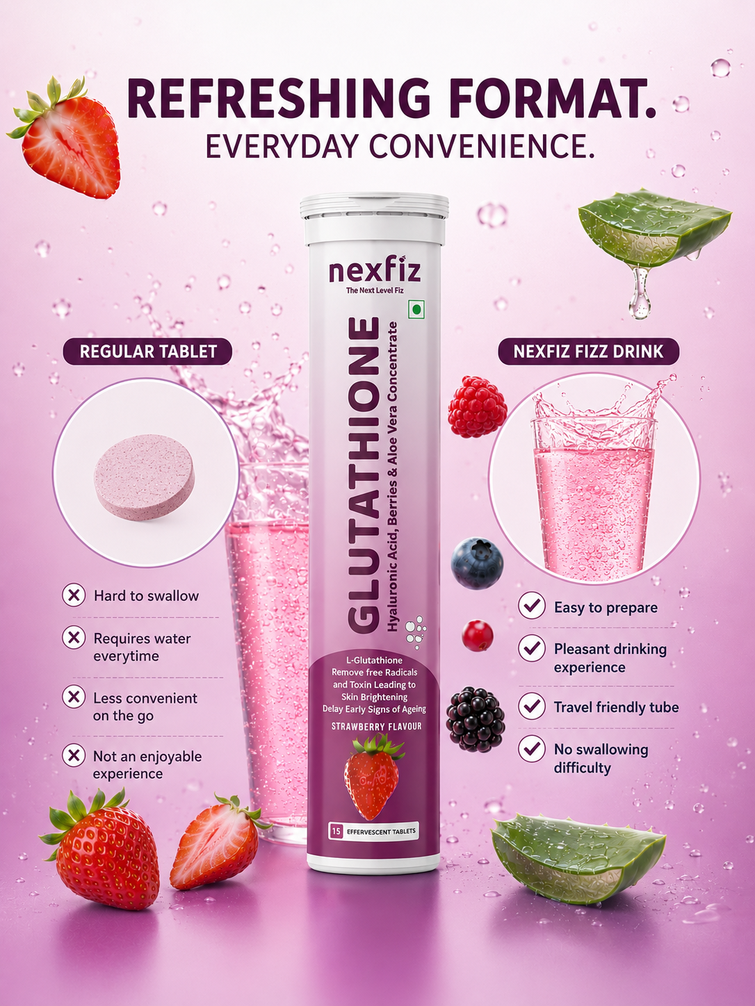 Glutathione Effervescent Tablets-500mg| Skin Brightening, Anti-Aging & Deep Hydration | With Vitamin E, Hyaluronic Acid & Aloe Vera Concentrate | No Sugar | No Maltodextrin | Strawberry | Pack of 1 (15 Tablets)