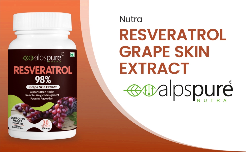 Alpspure Nutra Resveratrol 98% (Grape Skin Extract), 30 Tablets |Supports Heart Health and Weight Management | Powerful Natural Antioxidant | Anti-ageing & Anti-inflammatory | For Men & Women