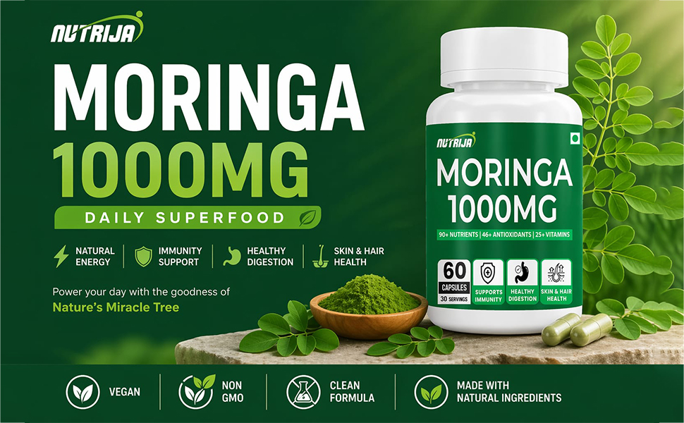 NutriJa Moringa 1000mg with Chromium Picolinate - 60 Veg Capsules | Supports Daily Nutrition, Digestion & Immunity | Herbal Wellness Supplement | 30 Servings