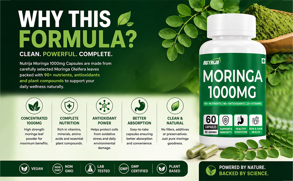NutriJa Moringa 1000mg with Chromium Picolinate - 60 Veg Capsules | Supports Daily Nutrition, Digestion & Immunity | Herbal Wellness Supplement | 30 Servings