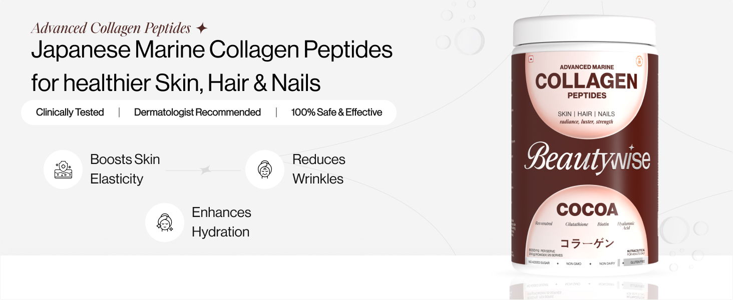 Beautywise Advanced Hydrolyzed Japanese Marine Collagen with Glutathione | For Radiance, Hydration, Youthful Skin | Fast-Absorbing 200gm, Clinically Proven | Skin, Hair & Nails | Cocoa (25 Servings)