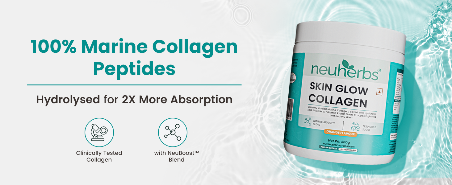 Neuherbs Collagen Supplement | Marine Skin Glow Collagen Peptides for Men & Women | With Hyaluronic Acid, Biotin, Vitamin C & E for Glowing & Youthful Skin | Orange Flavour, 200g