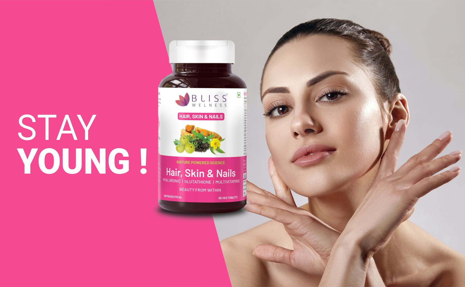 Bliss Welness Hair Skin Nails Multivitamins with Hyaluronic Acid Glutathione Biotin | Improved Hair Growth Stronger Nails Glowing Skin Collagen Supplement for Women & Men - 60 Vegetarian Tablets