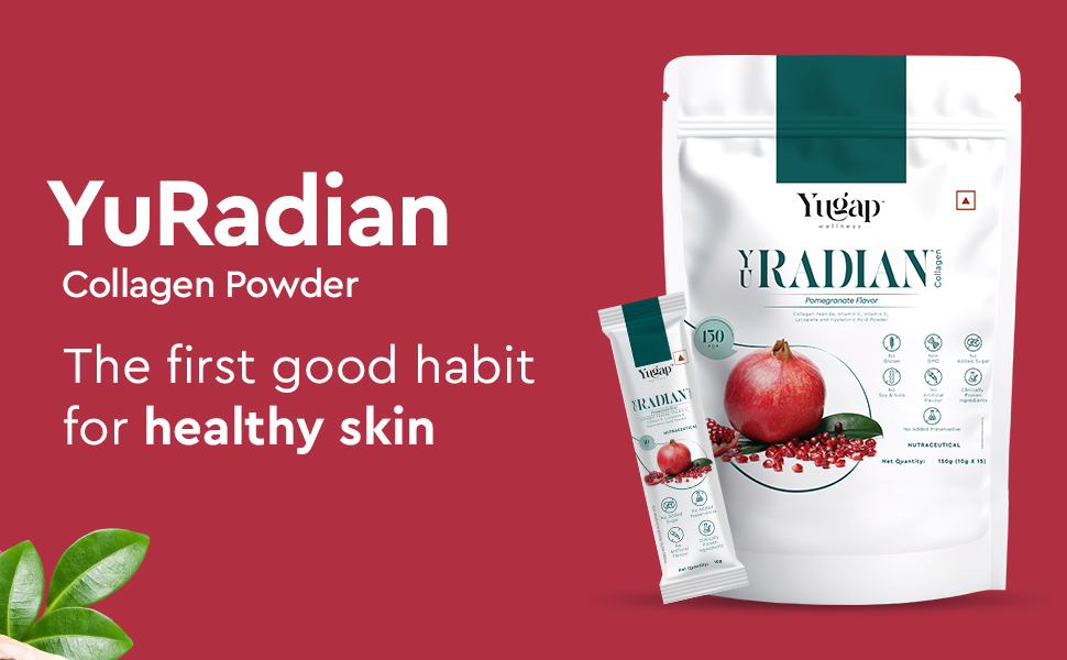 YuRadian 6-In-1 Marine Collagen Powder With Hyaluronic Acid, Vitamin C & E , Lycopene And Peptide | Skin Radiance Collagen Supplement for Women & Men | Youthful Skin Glow, Elasticity & Hydration | No Added Sugar | 15 Servings (150g)