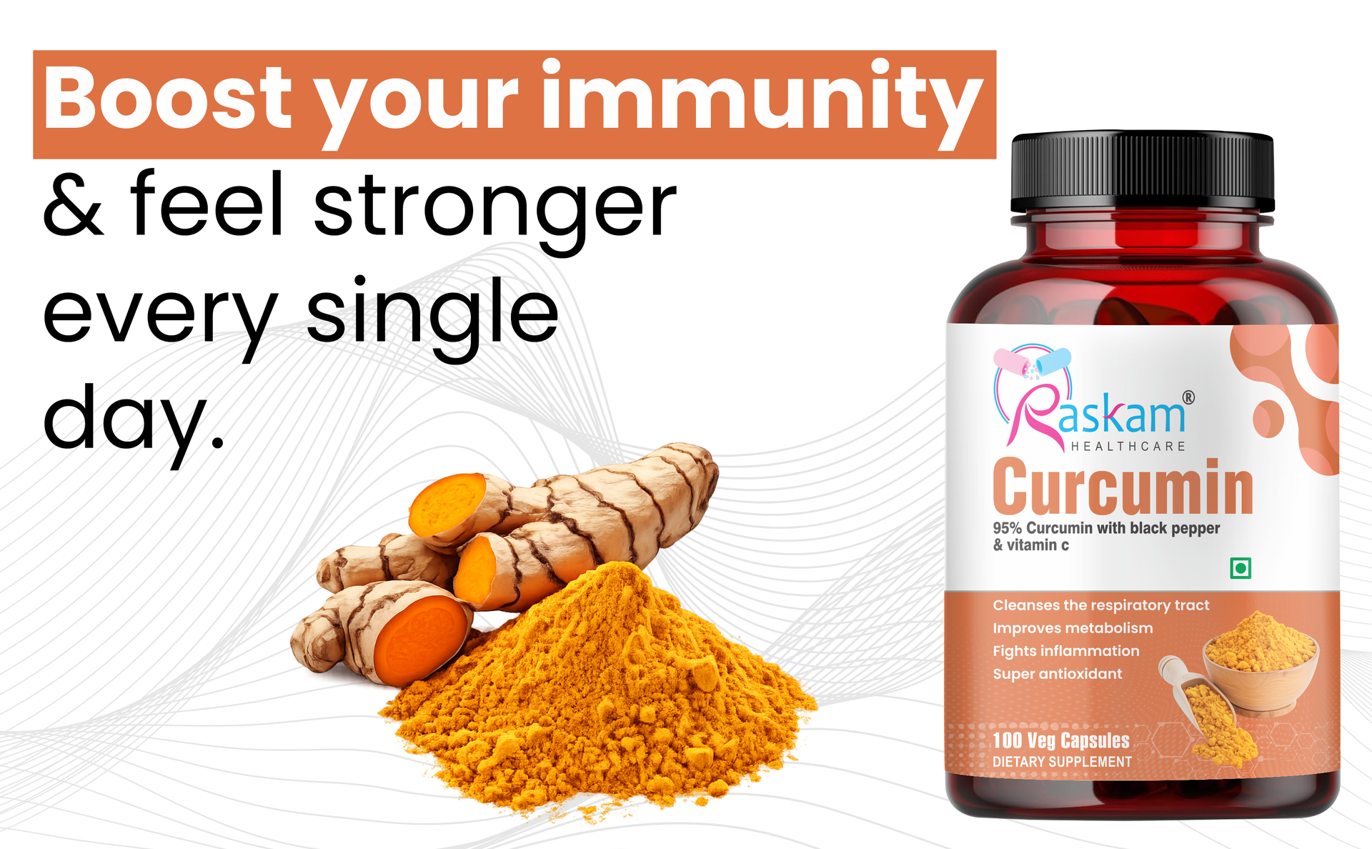 Curcumin 100 veg capsules-with 95% Curcuminoids - Higher Absorption- Antioxidant & Anti-inflammatory Supplement - For Skin, Joint Support, Boosts Immune System