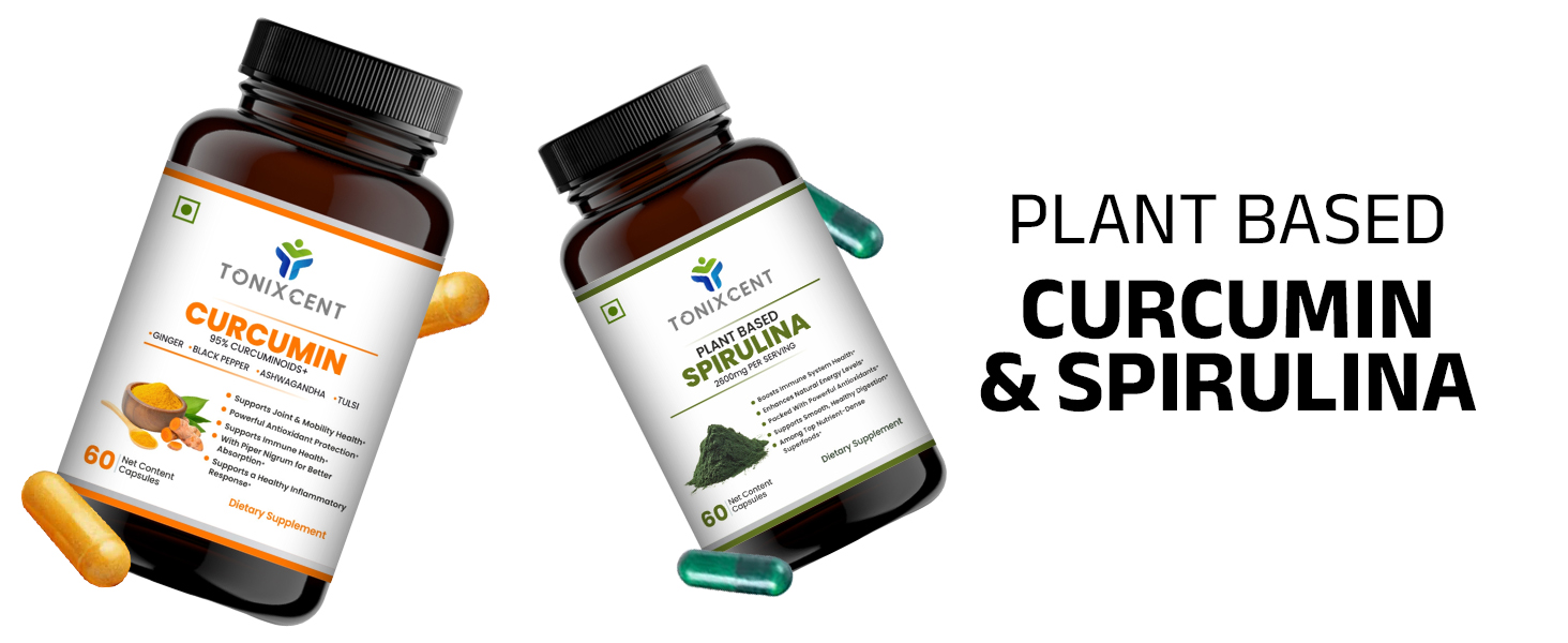 Skin Glow Stack | Spirulina & Curcumin Capsules | Boosts Immunity, Reduces Inflammation & Enhances Recovery | 60+60 Vegan Capsules