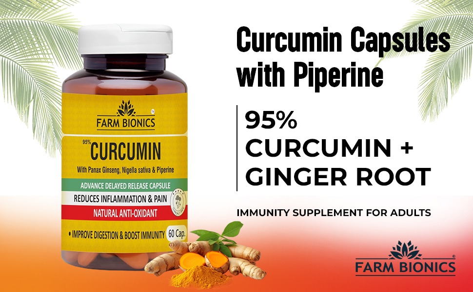Curcumin Tablets with Piperine, 95% Curcumin, Ginger Root | Pure and Herbal Plant Based Turmeric Supplement for Inflammation, Joint Pain & Immunity Supplement for Adults - 60 Capsules