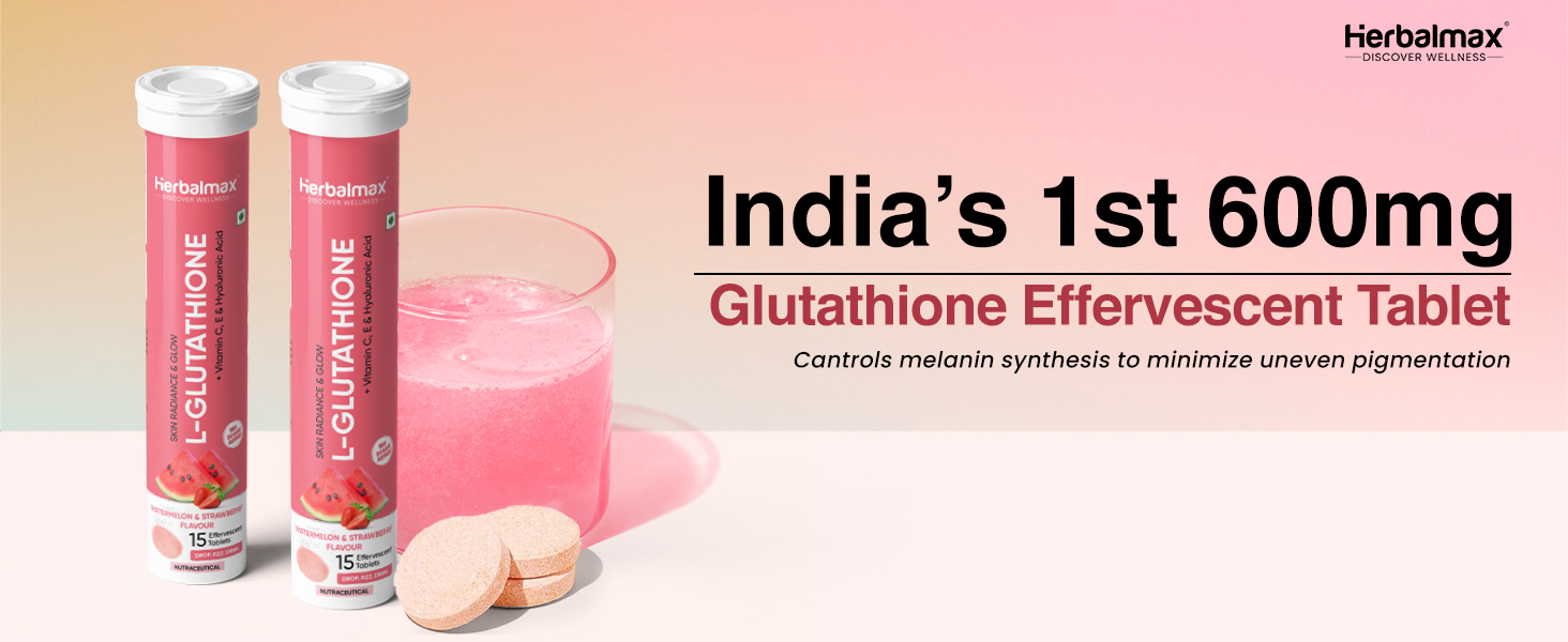 Herbal Max Glutathione Tablet | Effervescent 60 Tabs Pack of 4 | Glutathione Supplements with Vitamin C E, Biotin, Hyaluronic Acid | Skin Glow Hair Nail | Watermelon & Strawberry