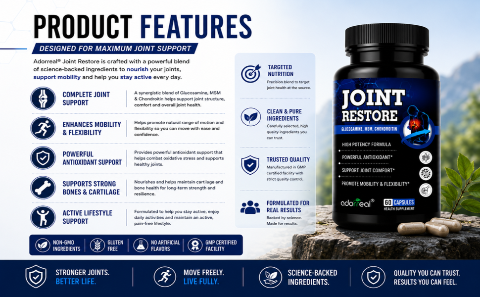 Joint Restore | Glucosamine, Chondroitin & MSM Capsules | Extra Strength Joint, Cartilage & Bone Support | Supports Mobility & Flexibility | 60 Capsules