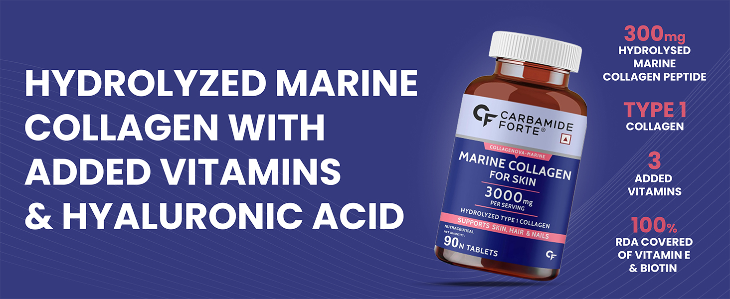 Carbamide Forte Hydrolyzed Marine Collagen Tablets | 3000mg Collagen Peptides with Biotin & Hyaluronic Acid - Type 1 Marine Collagen Powder | Marine Collagen Supplements for Women & Men - 90 Tablets