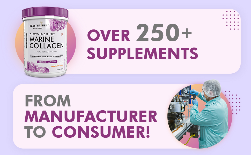 HealthyHey Glow-n-Shine Marine Collagen Powder - Hydrolyzed | Type 1 Collagen Protein Supplement with Hyaluronic Acid | Amino Acids for Skin, Hair, Nails (Cranberry, 200g)