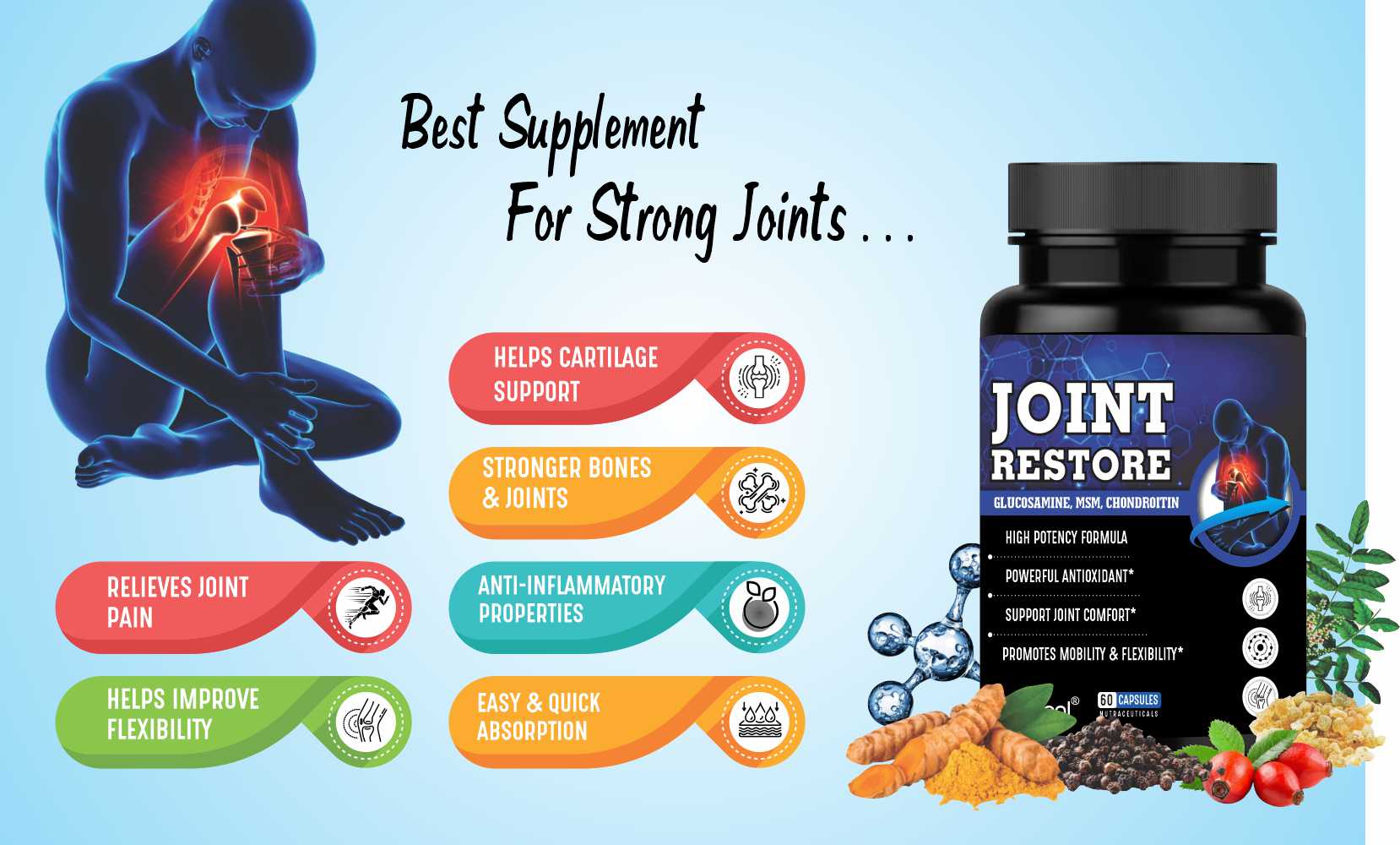 Joint Restore 30 capsules Glucosamine Chondroitin and MSM for Cartilage & Joint Support Supplement Extra Strength; Joint and Bone, Mobility and Flexibility