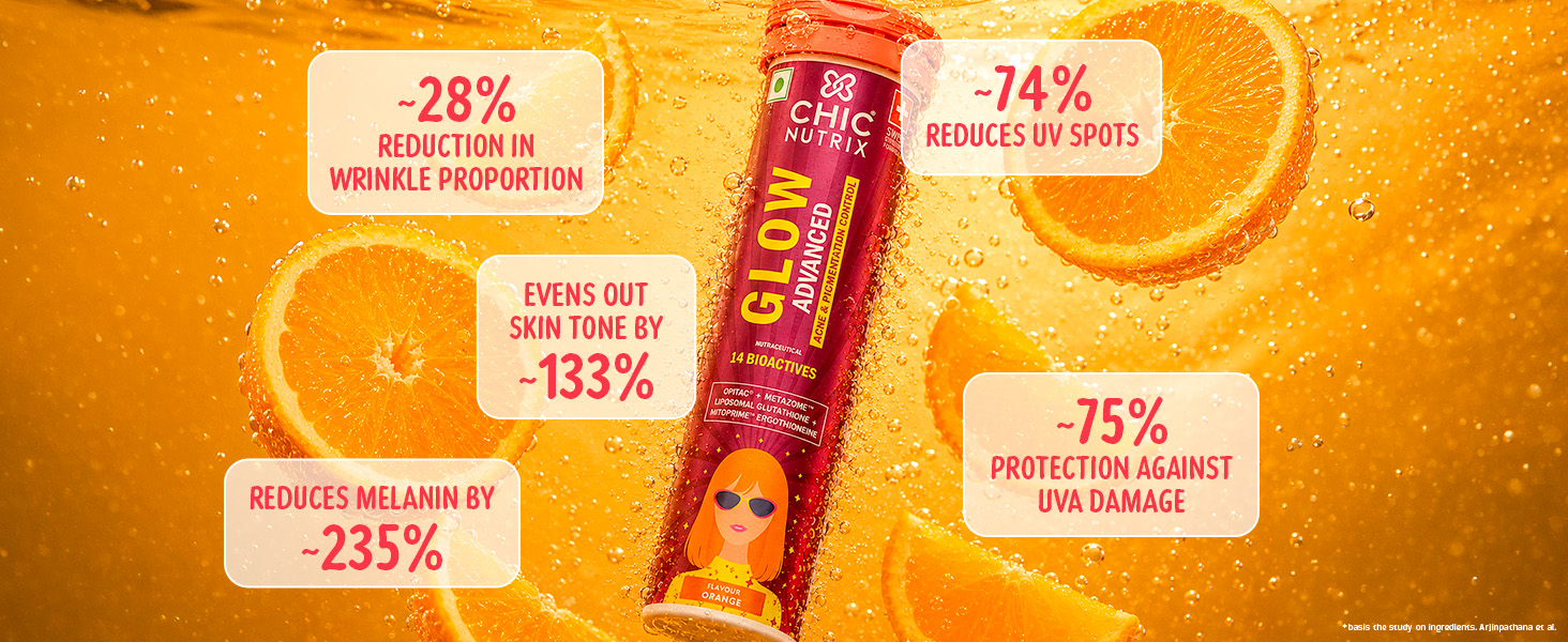 Chicnutrix Glow Advanced 580mg L-Glutathione for Faster Skin Glow & Anti-Pigmentation with 14 Bioactives - 30 tablets, Orange Flavor