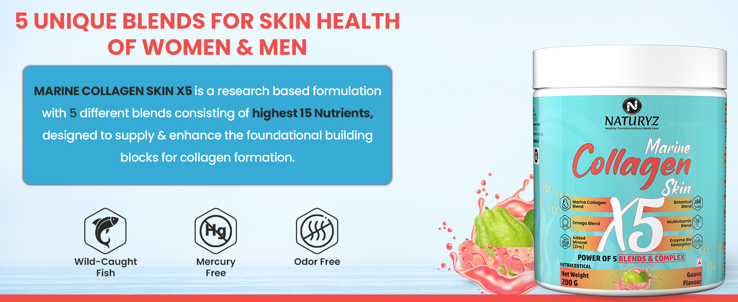 NATURYZ Marine Collagen Skin X5 for Women & Men | Premium Collagen Peptides | Power of 5 Blends | Hyaluronic acid, Biotin & Vitamin E | Supports Skin Radiance, Healthy Hair, Nails, Bone & Joints – 240g(Lemon Flavour)