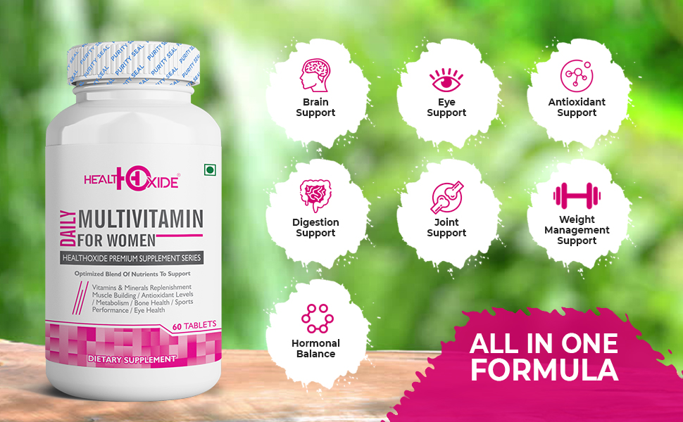 HealthOxide Daily Women Multivitamin Tablets 60 Tablets | Daily Vitamins & Minerals Supplement for Women | Energy Immunity Muscle Strength Eye Health Antioxidant Support | Wellness & Fitness Nutrition Tablets