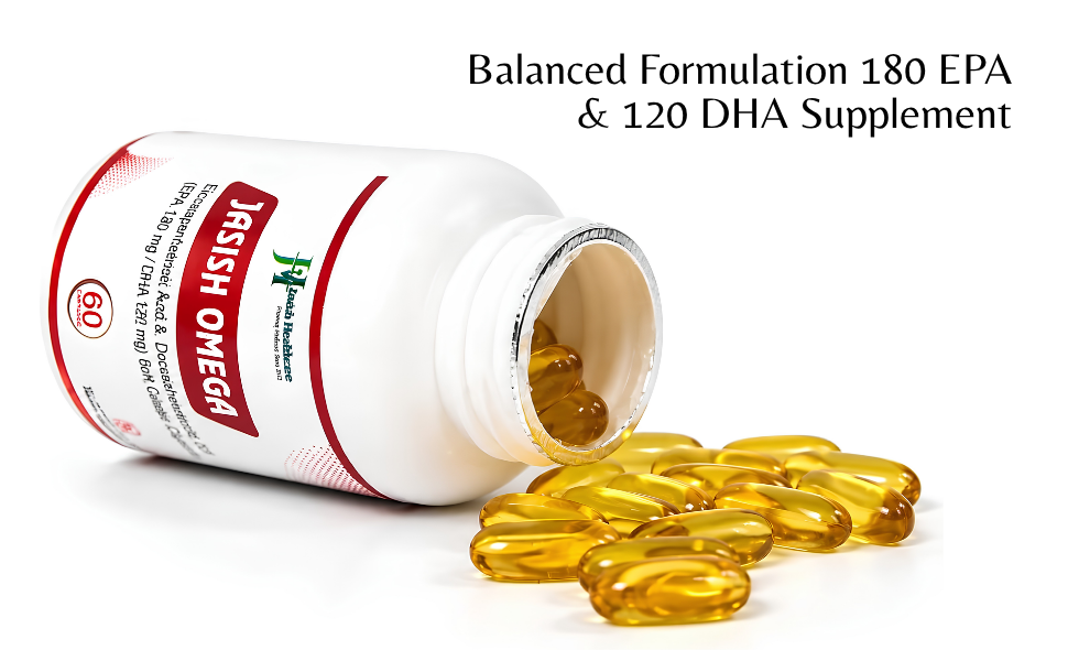 Omega-3 Capsules | Balanced Formulation 180 EPA & 120 DHA | Supplement for Heart Health, Brain Function & Eye Support | Easy-to-consume Softgels | Clinically-Graded Fatty Acids | 60 Capsules