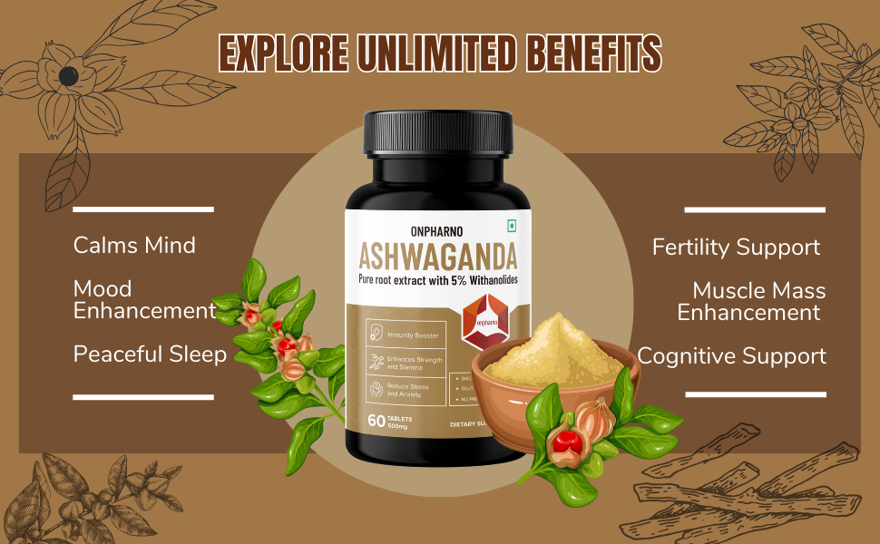 Ashwagandha Tablets with 5% Withanolides | Supports Stress Relief, Boosts Energy & Focus | Rejuvenates Mind & Body – 60 Tablets