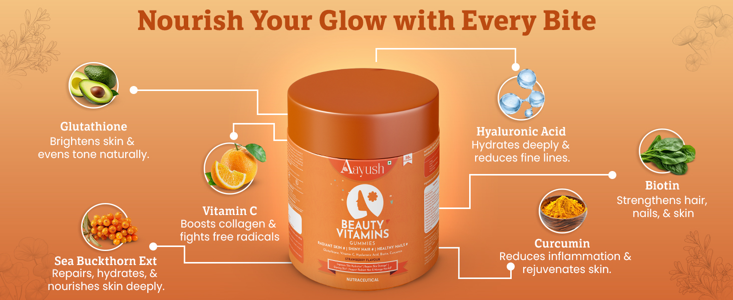 Aayush Wellness Skin, Hair & Nail Gummies (Strawberry Flavor) | With Biotin, Hyaluronic Acid & Vitamin C | Skin Glow, Radiance Support & Antioxidant Formula | Gummy For Men & Women - 30 Gummies