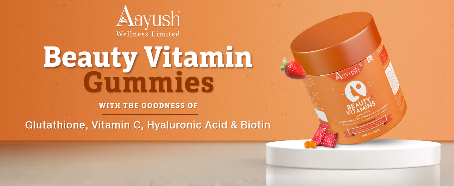 Aayush Wellness Skin, Hair & Nail Gummies (Strawberry Flavor) | With Biotin, Hyaluronic Acid & Vitamin C | Skin Glow, Radiance Support & Antioxidant Formula | Gummy For Men & Women - 60 Gummies