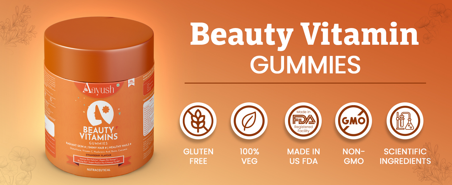 Aayush Wellness Skin, Hair & Nail Gummies (Strawberry Flavor) | With Biotin, Hyaluronic Acid & Vitamin C | Skin Glow, Radiance Support & Antioxidant Formula | Gummy For Men & Women - 60 Gummies